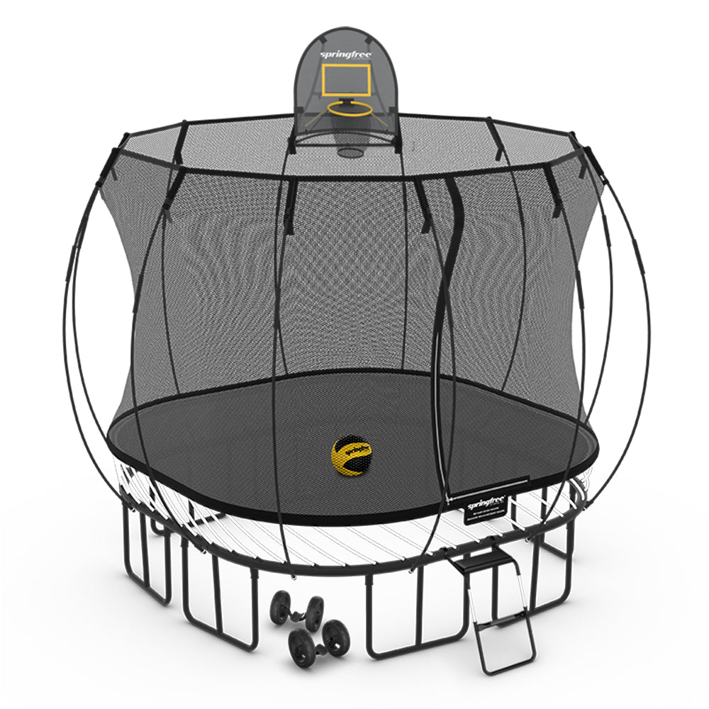 Springfree Medium Square Trampoline 9 ft - Moving Accessory Bundle Basketball Hoop, Ladder and Wheels