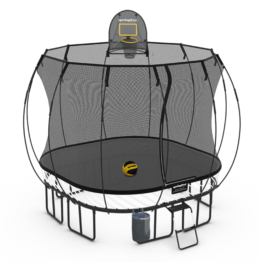 Springfree Medium Square Trampoline 9 ft - Sports Accessory Bundle Basketball Hoop, Ladder and Bag