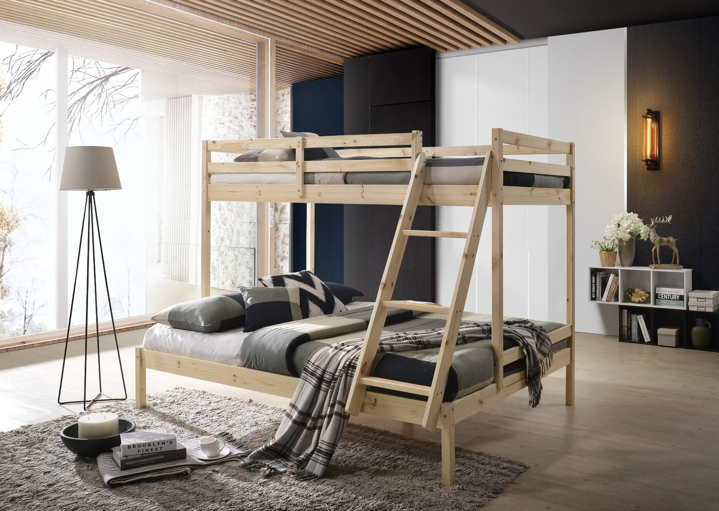 Solid Timber Triple Bunk Bed Single over Double White