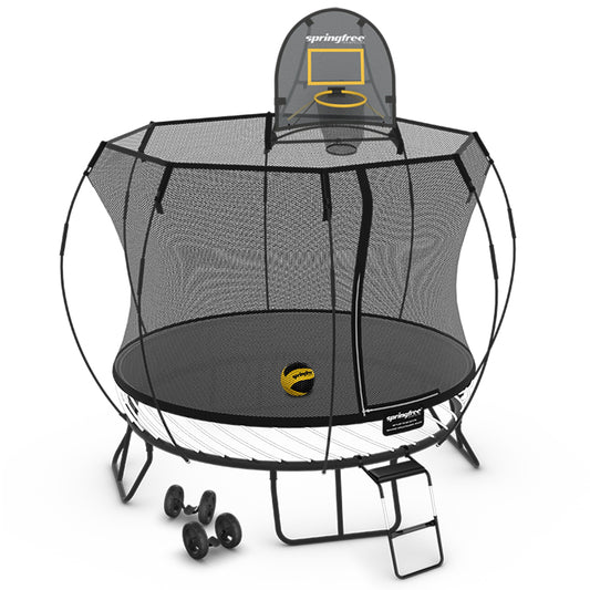 Springfree Compact Round Trampoline 8 ft - Moving Accessory Bundle Basketball Hoop, Ladder and Wheels