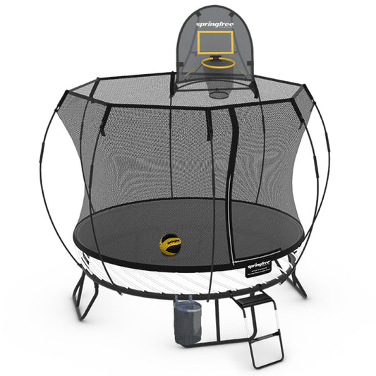 Springfree Compact Round Trampoline 8 ft - Sports Accessory Bundle Basketball Hoop, Ladder and Bag