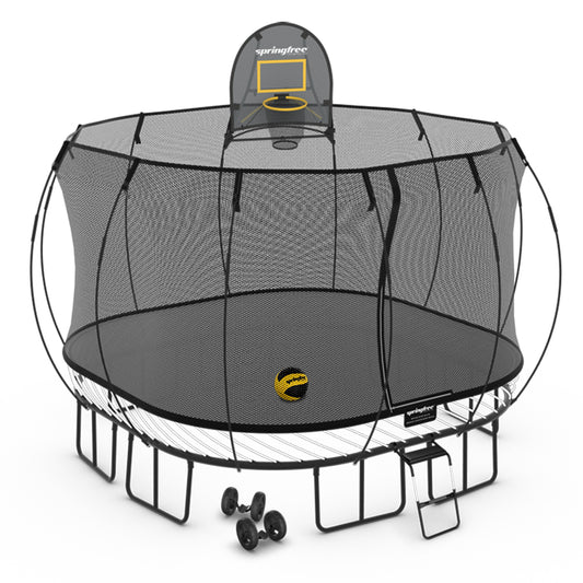 Springfree Large Square Trampoline 11 ft - Moving Accessory Bundle Basketball Hoop, Ladder and Wheels