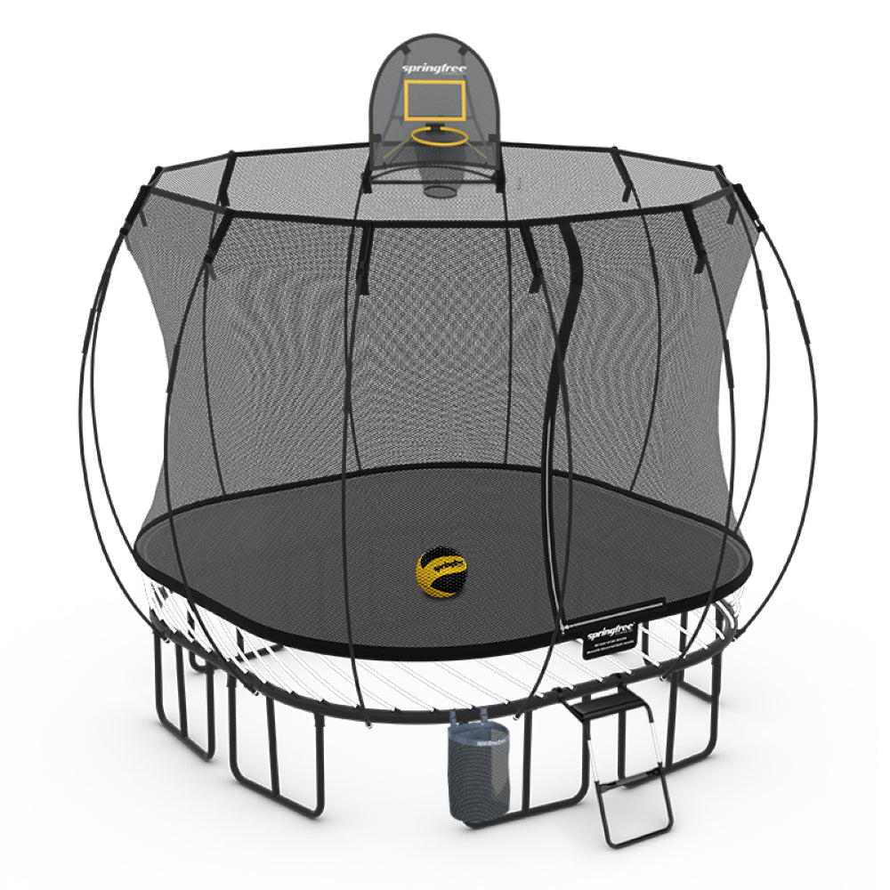 Springfree Medium Square Trampoline 9 ft - Sports Accessory Bundle Basketball Hoop, Ladder and Bag