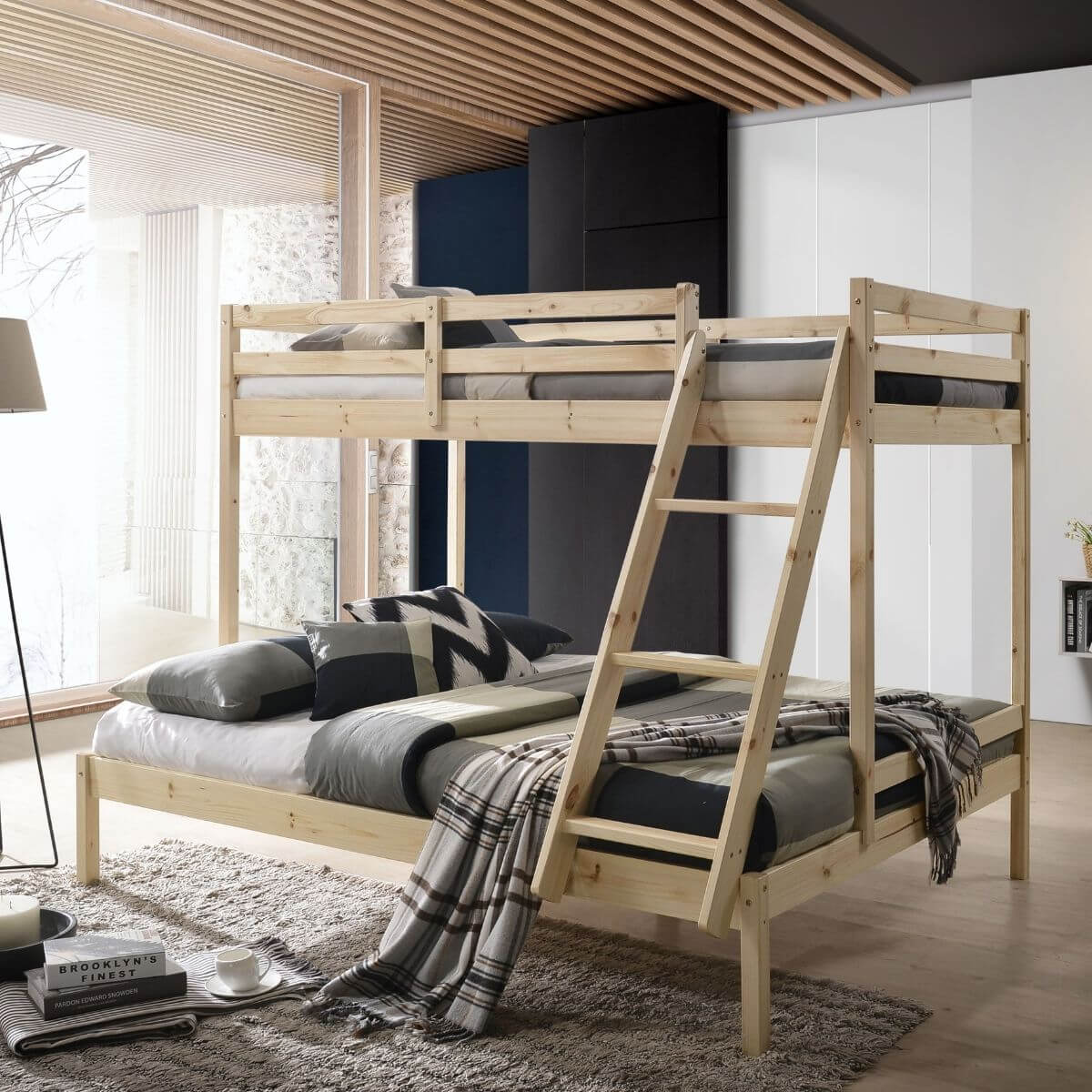 Solid Timber Triple Bunk Bed Single over Double Natural